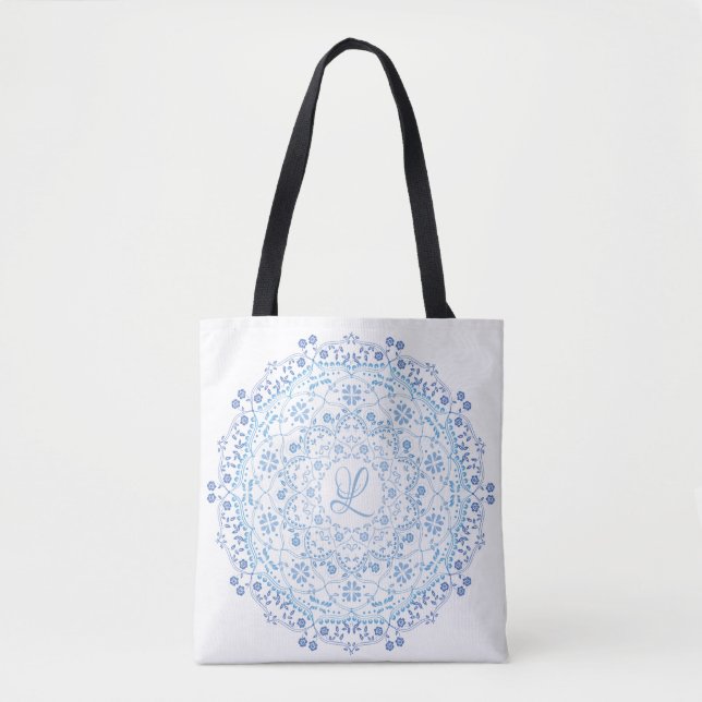 Bolsa Tote Floral Azul Simples Mandala Círculo Minimalista (Frente)
