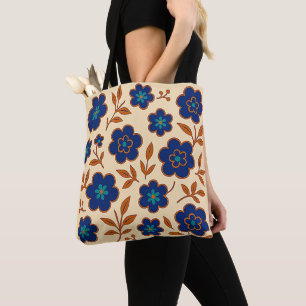 Bolsa tote floral bege e azul Boho