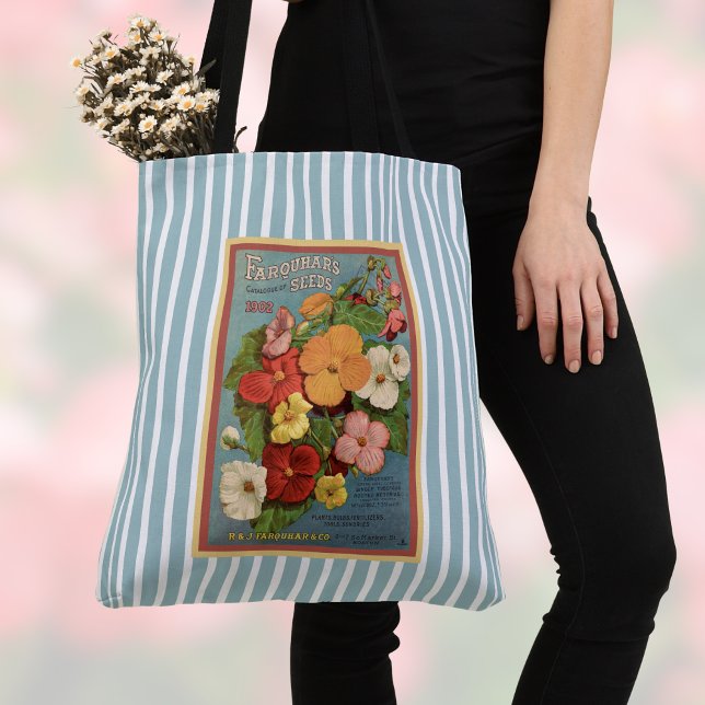 Bolsa Tote Floral Begonias Pink 1902 Seed Packet Blue Stripes (Criador carregado)