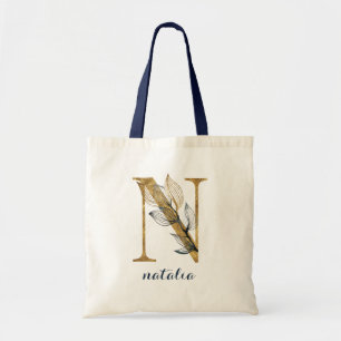 Bolsa Tote Floral Blue Leaf Plant Monograma - Letra "N"