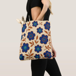 Bolsa Tote Floral Boho Bege e Azul