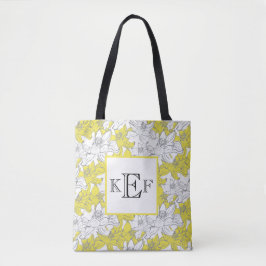 Bolsa Tote Floral Branco Amarelo e Cinza Monogramado  