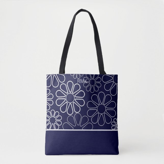 Bolsa Tote Floral Branco e Azul Monograma (Frente)