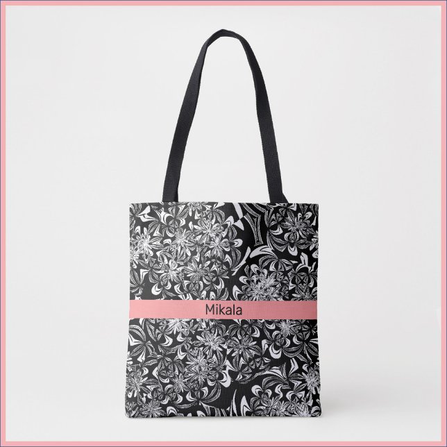 Bolsa Tote Floral Branco e Preto Elegante (Criador carregado)