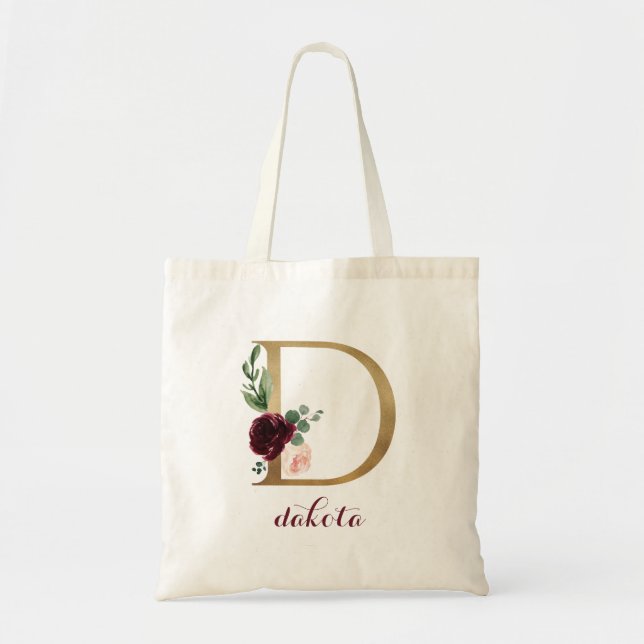Bolsa Tote Floral Burgundy Blush Monograma Dourado Letra "D" (Frente)