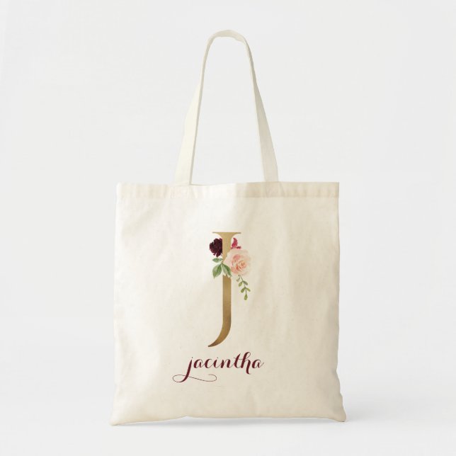 Bolsa Tote Floral Burgundy Blush Monograma Dourado Letra "J" (Frente)