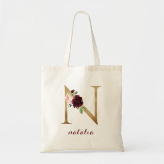 Bolsa Tote Floral Burgundy Blush Monograma Dourado Letra "N"