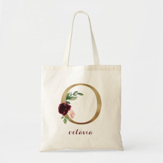 Bolsa Tote Floral Burgundy Blush Monograma Dourado Letra "O"