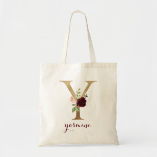 Bolsa Tote Floral Burgundy Blush Monograma Dourado Letra "Y"