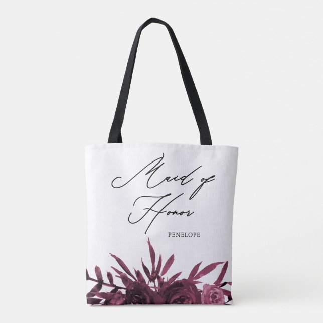 Bolsa Tote Floral Burgundy com Script de Madrinha de casament (Verso)