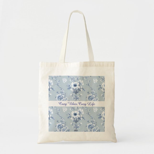 Bolsa Tote Floral Chinoiserie Blue Toile com texto personaliz (Frente)