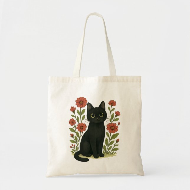 Bolsa Tote Floral com Gato Preto Fofo (Frente)