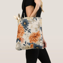 Bolsa tote floral com grandes flores laranja e azu