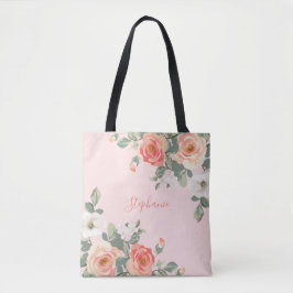 Bolsa Tote Floral Cor-de-rosa-rosa-pincelado do Rosa de pêsse