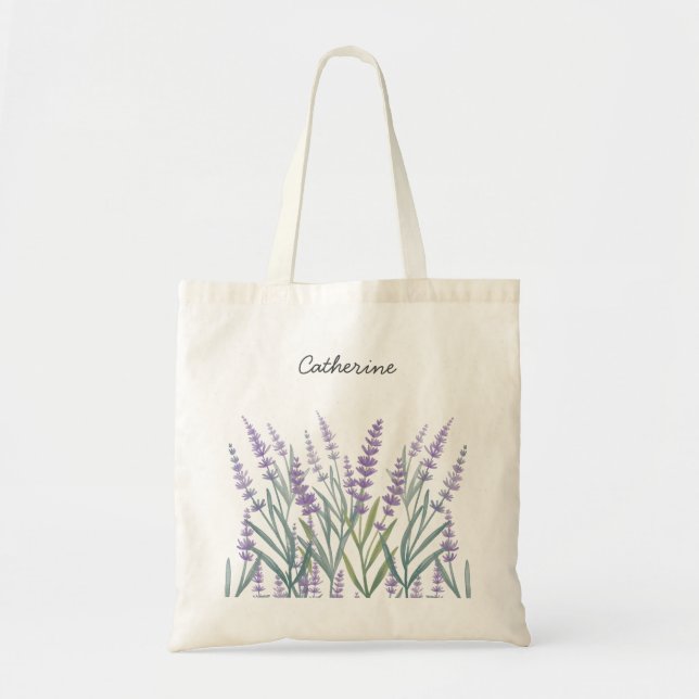 Bolsa Tote Floral de Aquarela de Lavanda Roxa (Frente)