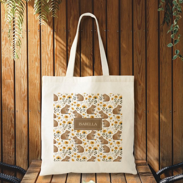 Bolsa Tote Floral de Capivara Fofa (cute whimsical capybara sunflower floral tote bag with custom name, fun personalized gift)