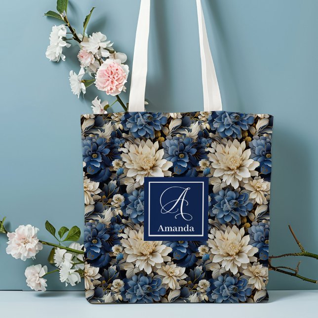Bolsa Tote Floral de Luxo Navy com Nome Personaliz (Luxury Navy Flowers Custom Name Floral Tote Bag)