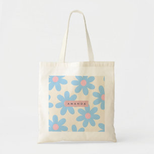 Bolsa Tote Floral de Margarida Azul Pastel Retro Personalizad