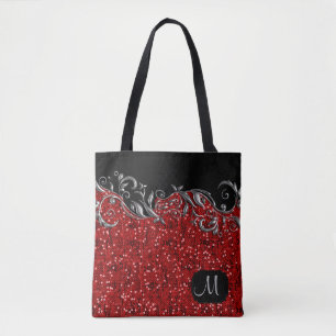 Bolsa Tote Floral de prata metálico com confetes vermelhos