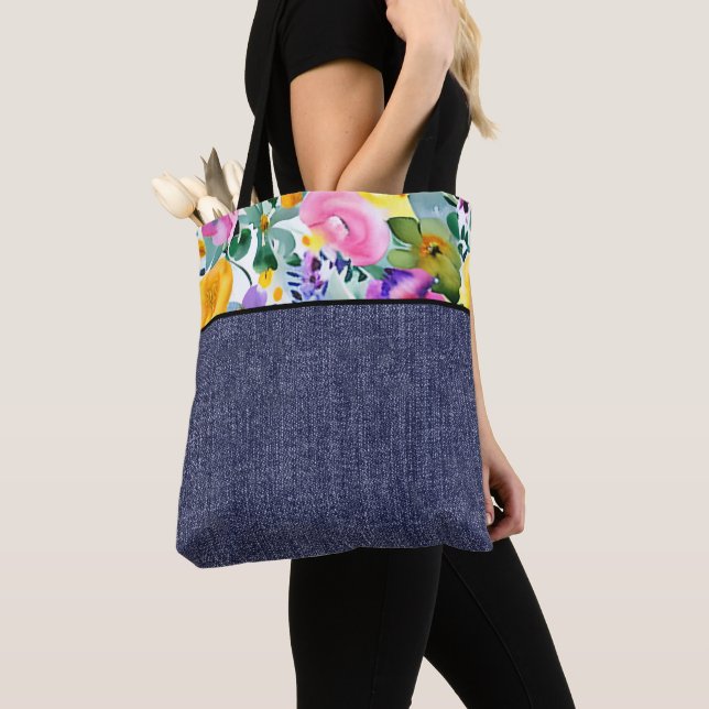 Bolsa Tote Floral de primavera e jeans (Close Up)