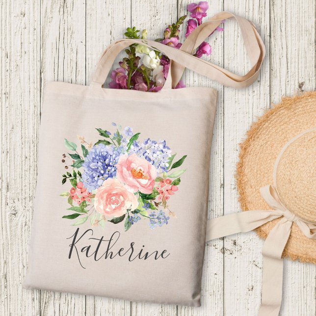 Bolsa Tote Floral de Primavera Rosa Azul Monogramada em Aquar (In situ)