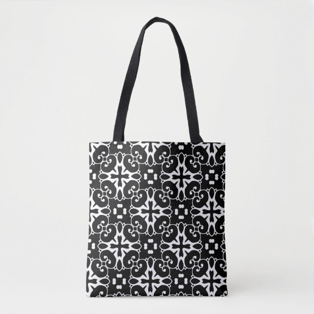 Bolsa Tote Floral do Gráfico de Damasco Preto e Branco Modern (Frente)
