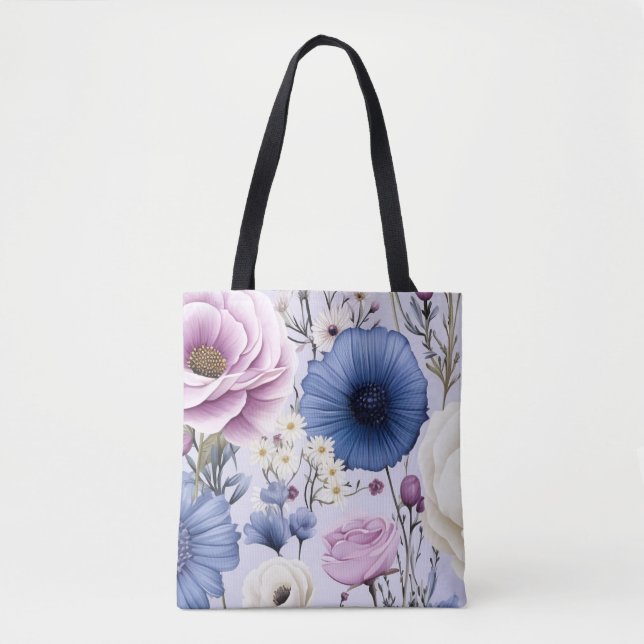 Bolsa Tote Floral do Jardim Flor Branco Azul-Lavanda Elegante (Frente)