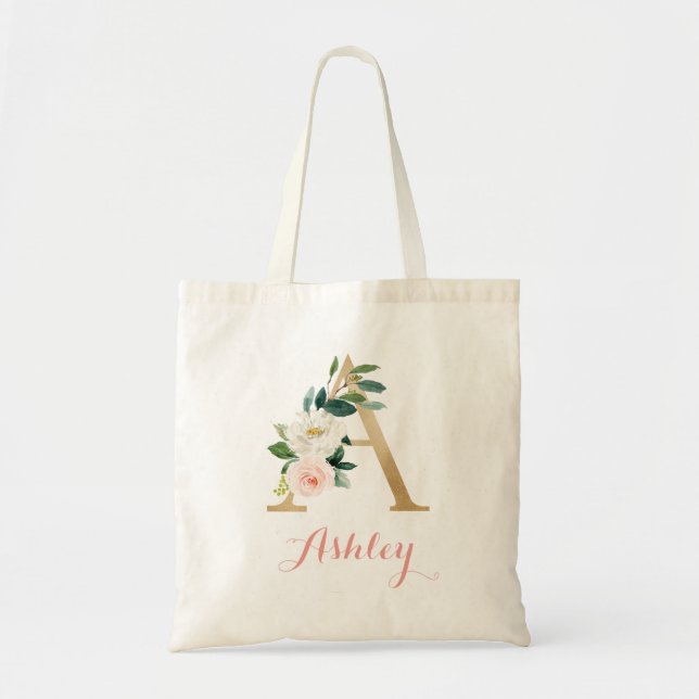 Bolsa Tote Floral Dourado Blush Personalizado - Letra "A" Tot (Frente)