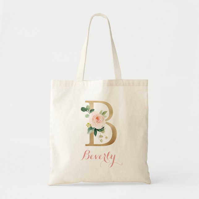 Bolsa Tote Floral Dourado Blush Personalizado - Letra "B" Tot (Frente)