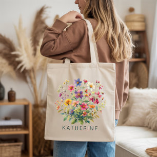 Bolsa Tote Floral Elegante em Aquarela com Nome Personalizado