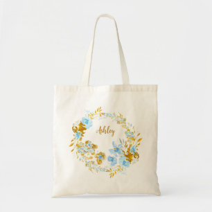 Bolsa Tote Floral em Aquarela Azul e Dourado Personalizado