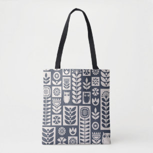 Bolsa Tote Floral Escandinavo: Branco, Azul, Minimalista.