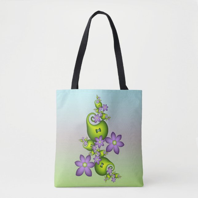 Bolsa Tote Floral Fantasy Lilac Flores Verde Formas Fractais (Frente)