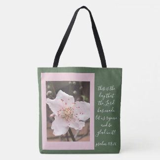 Bolsa Tote Floral (flor de pêssego) com verso do Salm 118:24