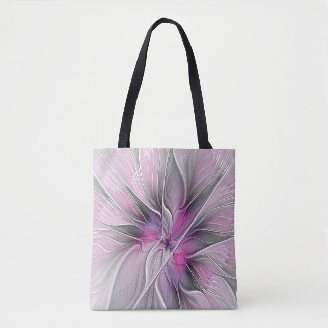 Bolsa Tote Floral Fractal Moderno Abstrato Flor Rosa Cinza (Frente)