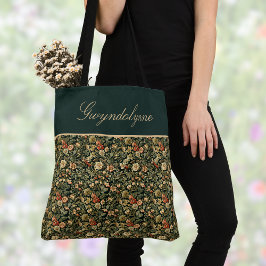 Bolsa Tote Floral Green Cream William Morris Inspired w Name