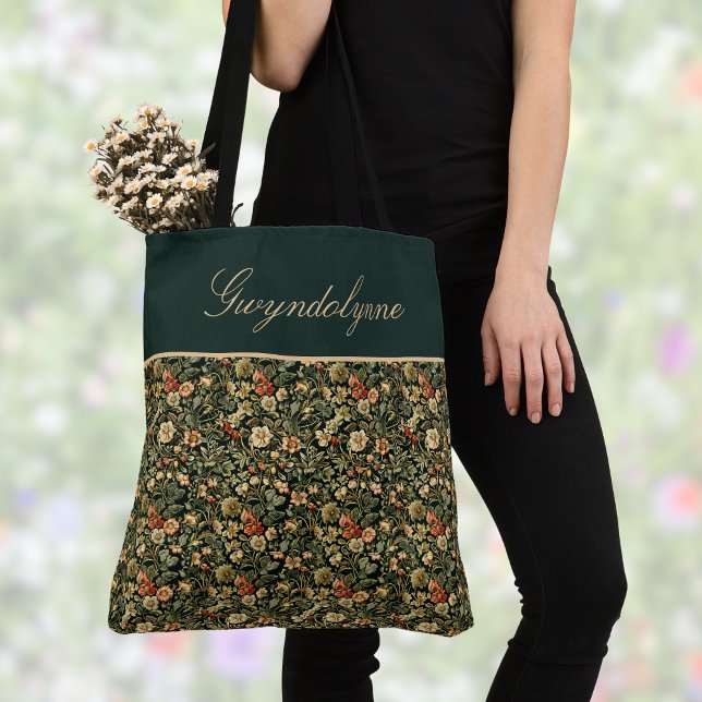 Bolsa Tote Floral Green Cream William Morris Inspired w Name (Criador carregado)