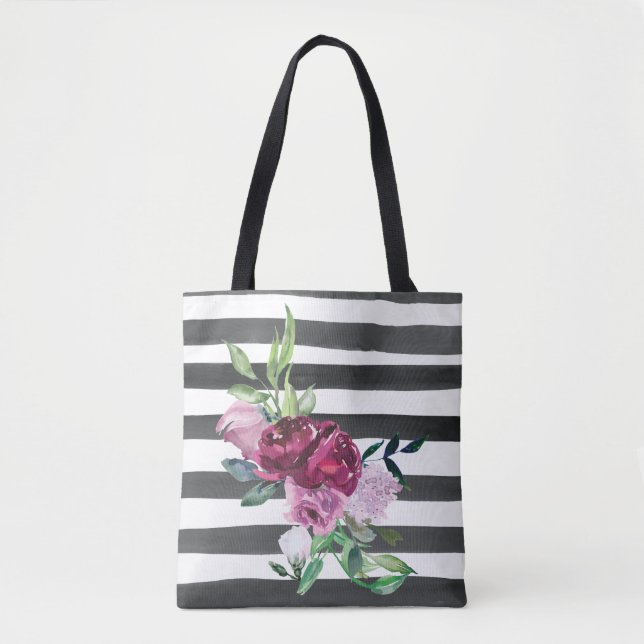 Bolsa Tote Floral Listrado Preto e Branco (Frente)