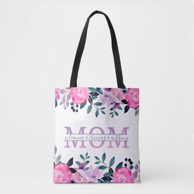 Bolsa Tote Floral Mãe dividiu Monograma com nomes de crianças (Frente)