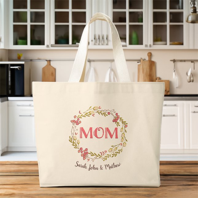 Bolsa Tote Floral Mama gráfica com nomes para crianças (Criador carregado)