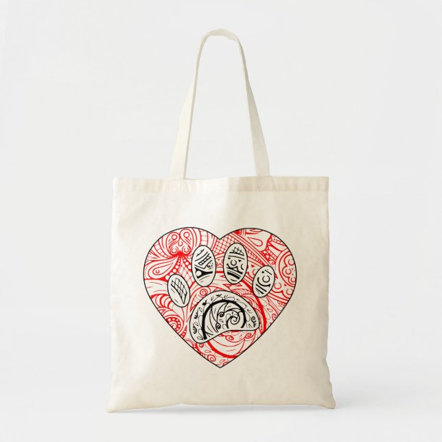 Bolsa Tote Floral Mandala Dog Paw Print Red Heart (Frente)