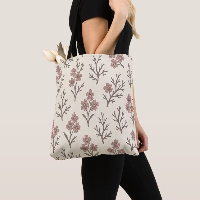Bolsa Tote Floral Moderna em Creme e Rosa Empoeira (Close Up)