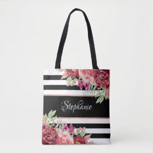 Bolsa Tote Floral Moderno de Stripe Branca Preta Personalizad