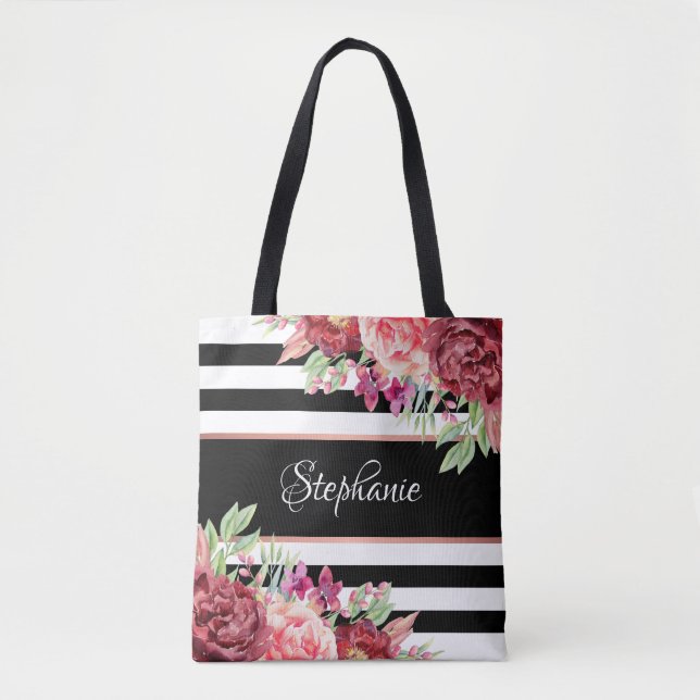 Bolsa Tote Floral Moderno de Stripe Branca Preta Personalizad (Frente)