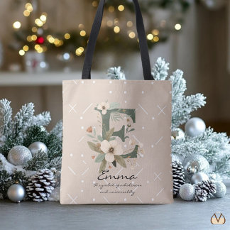 Bolsa Tote Floral Monogram E – Elegant Botanical Letter Art