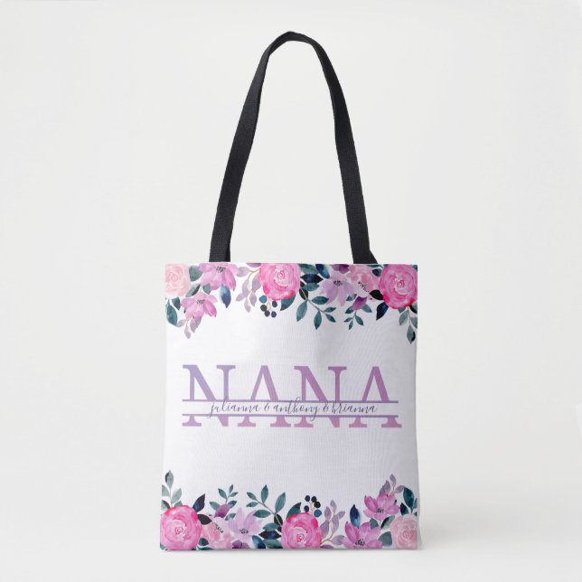 Bolsa Tote Floral Nana split Monograma com nomes de netos (Frente)