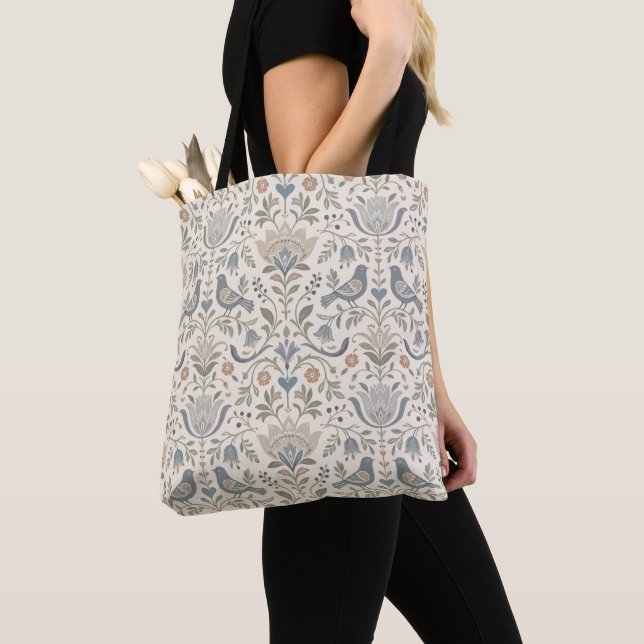 Bolsa Tote Floral Nórdico e Pássaros Flores Escandinavas (Close Up)