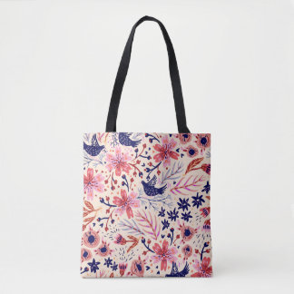 Bolsa Tote Floral, pássaros, padrão contínuo de colheita.