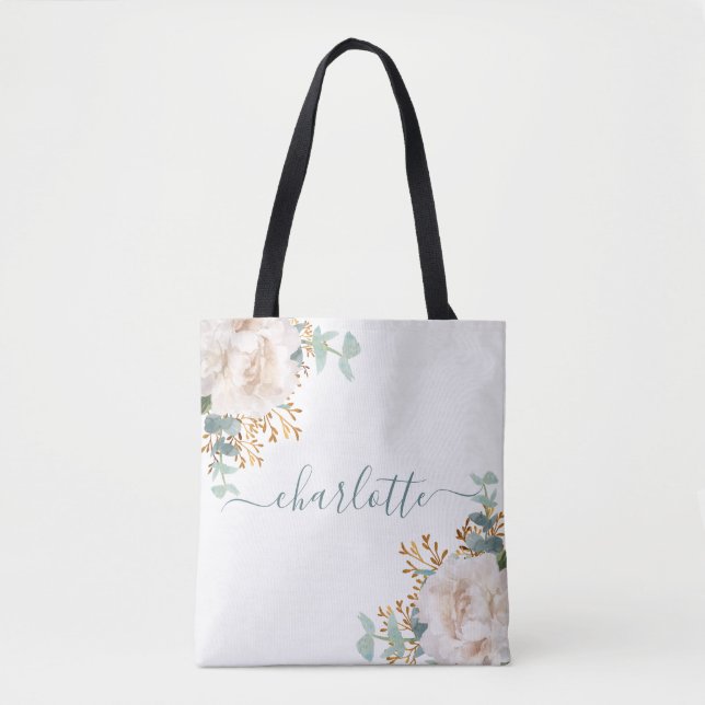 Bolsa Tote Floral peony eucalyptus monogrammid (Frente)