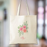 Bolsa Tote Floral Personalizado<br><div class="desc">Este saco de tota bonito é decorado com uma buquê de aquarela de rosas e folhagem em tons de rosa,  coral e verde. Facilmente personalizável. Original Watercolor © Michele Davies.</div>
